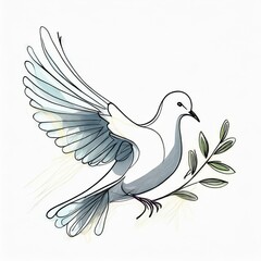Dove with olive branch on white background. Drawing, sketch - 777019350