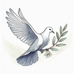 Gołąb z gałązką oliwną na białym tle. Rysunek, szkic - 777019357
