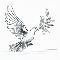 Dove with olive branch on white background. Drawing, sketch - 777019360