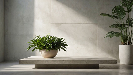 Grey concrete textured wall background with copy space and podium stage with green potted plants. Product display