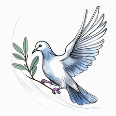 Dove with olive branch on white background. Drawing, sketch - 777019368