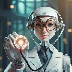 Robot doctor in a lab coat, with a stethoscope. Technology and artificial intelligence in medicine  - 777019371