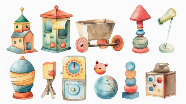 Collection of watercolor traditional toys from a joyful jack-in-the-box to a spinning top