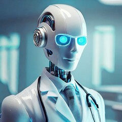 Robot doctor in a lab coat, with a stethoscope. Technology and artificial intelligence in medicine

