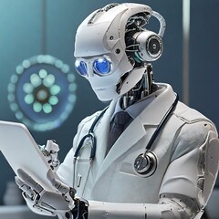 Lekarz robot korzystający z tableta. Technologia i sztuczna inteligencja w medycynie - obrazy, fototapety, plakaty