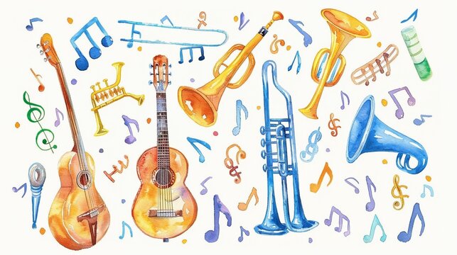 Set of watercolor musical instruments from a strumming guitar to a blowing trumpet