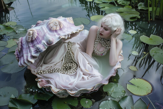 an albino girl with long white hair, in a vintage dress with pearls, sits in a shell in the middle of a pond with water lilies