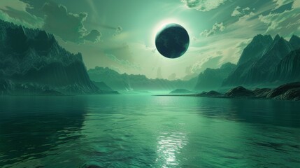 Solar eclipse illustration. Above the water. - obrazy, fototapety, plakaty