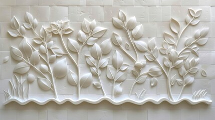 White 3d floral leaves patterned tiles wall texture background for banner panorama