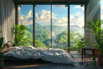 The bedroom has a large window overlooking the lush green mountains.