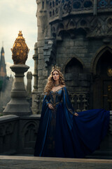 Queen in blue medieval dress by castle