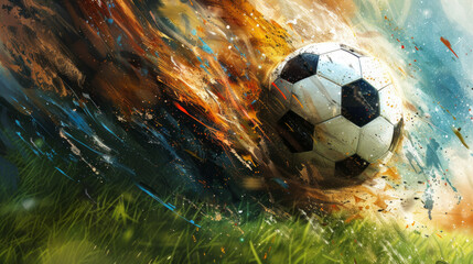 A digital image showing a soccer ball with motion blur and paint splashes, blending the sport with...