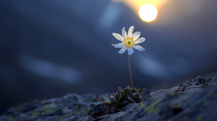 A solitary flower blooms on the mountainside its petals shining in the moons spotlight against a backdrop of shadowy peaks. . . - obrazy, fototapety, plakaty