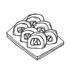 Japan black and white traditional symbol sushi rolls set in ink Isolated on white background.