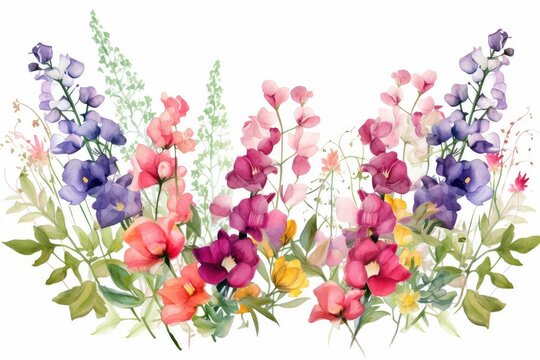 watercolor of snapdragon clipart with tall spikes of colorful blooms. flowers frame, botanical border, on white background for wedding card, cover, invitations.