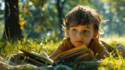 A young boy lies on the grass, engrossed in a book, with sunlight filtering through the trees.