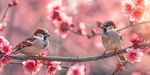 Blossoming Harmony Two Birds Perched on a Branch Amidst Pink Flowers Generative AI