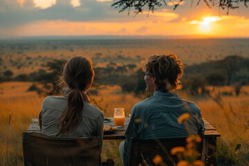 young couple enjoying the views of the savannah at sunset - obrazy, fototapety, plakaty