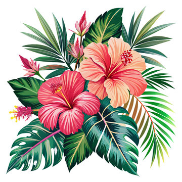 Hibiscus flowers and palm leaves. Vector illustration of tropical flowers.