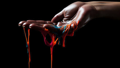 different color in the hand of a women. with a dark black background concept of art 