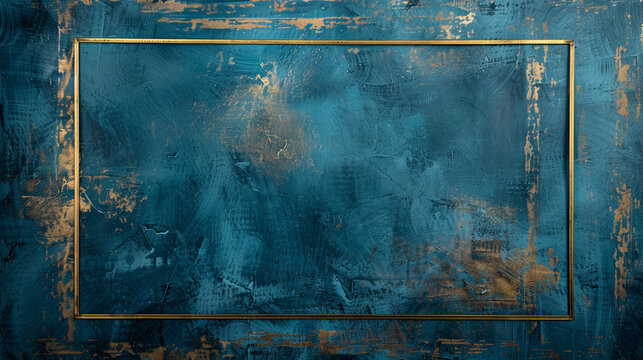 A rectangle gold frame stands out against a grunge blue background, creating a striking contrast that blends elegance with a touch of rustic charm, perfect for artistic display or design.