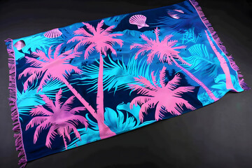Neon beach towel with palm tree and seashell motifs isolated on black background. - obrazy, fototapety, plakaty