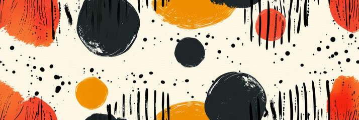 Abstract art with orange and black brush strokes and dots. seamless pattern
