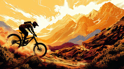 An intense mountain biking moment captured against a dramatic sunset, with sharp peaks in the background offering majestic scenery