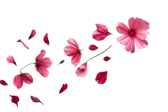 Petal flowers flying in the air in spring season isolated on background, falling blossom petal, levitation of beautiful tropical floral.