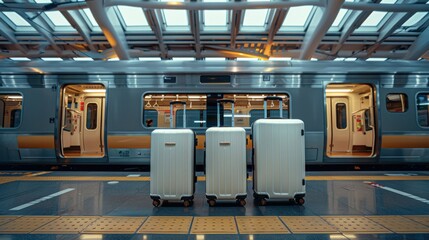 Luggage Waiting on Train Platform - obrazy, fototapety, plakaty