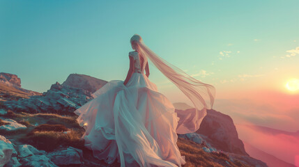 Fototapeta na wymiar beautiful bride stands on a cliff above the sea in a glamorous white wedding dress