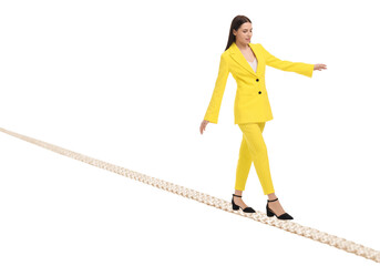Businesswoman walking rope against white background. Risk or balance concept - Powered by Adobe
