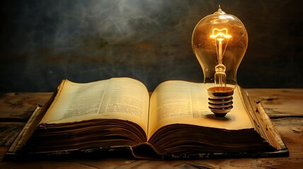 Light bulb and opened vintage book style. knowledge, and searching for new ideas. - obrazy, fototapety, plakaty