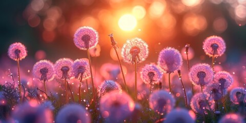 lavender dandelions in the meadow in the light of sunrise, screensaver, banner