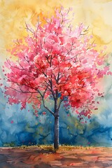 Obraz na płótnie Canvas Watercolor a cherry blossom tree, on a vibrant background that enhances the trees beauty, summer theme
