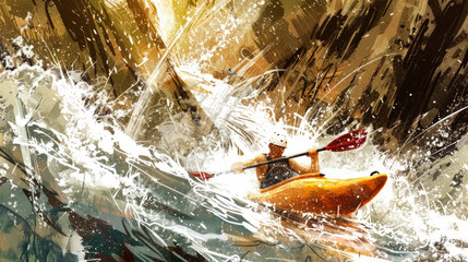 An adventurous kayaker maneuvers through the foamy, churning rapids amidst splashing water and rays of sunlight