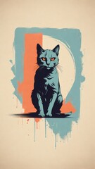 Imagine a minimalist t-shirt design with a vintage twist, featuring a sleek and stylized cat silhouette set against a faded, vibrant background.