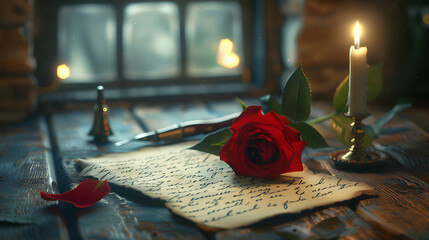Dramatic Representation of Vintage Love Letter in Candlelit Ambiance with Rose Embellishment - obrazy, fototapety, plakaty