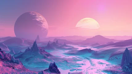 Wandaufkleber Alien planet landscape, smooth lines, 3D, surreal colors, twilight ambiance, © praewpailyn