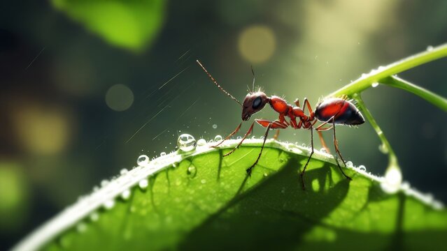 Visualize a close-up scene where ants diligently carry leaves back to their nests, illuminated by sunlight in the background. This image exemplifies the concept of teamwork as the ants work together h