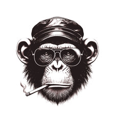 Fototapeta premium chimpanzee face, wear hat and glasses, grunge texture - brown on white background (artwork 2)