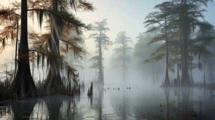 A cypress swamp with a foggy and mysterious atmosphere