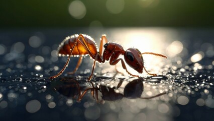 Visualize a close-up scene where ants diligently carry leaves back to their nests, illuminated by sunlight in the background. This image exemplifies the concept of teamwork as the ants work together h - Powered by Adobe