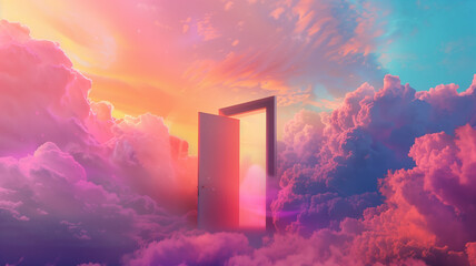 Explore a minimalist fantasy world through a vibrant, surreal door floating in the sky, clouds swirling