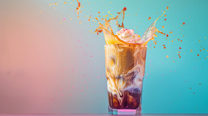 Glass of tasty iced coffee with splashes on color background