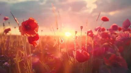 Fotobehang Beautiful field of red poppies in the sunset light. © ksu_ok