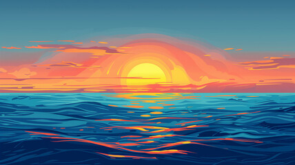 Fototapeta na wymiar Illustration of a sunrise over the ocean, symbolizing motherly love, warm hues, space for text.