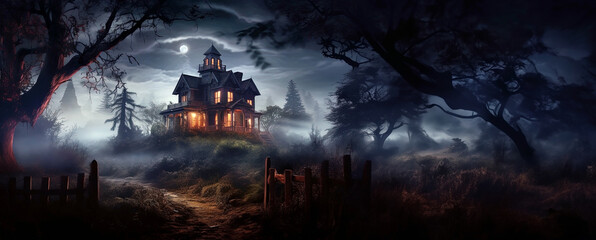 Halloween background with a haunted house in the forest, panoramic layout. Generative Ai