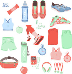 Big flat design set with running sport equipment