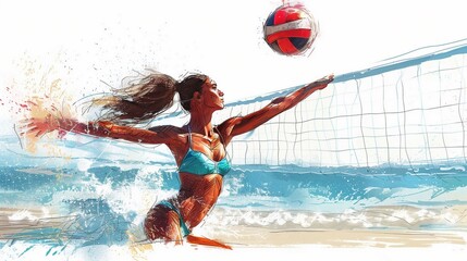 a illustration of a women in bikiini playing beach volleyball. people in a summer holiday setting.